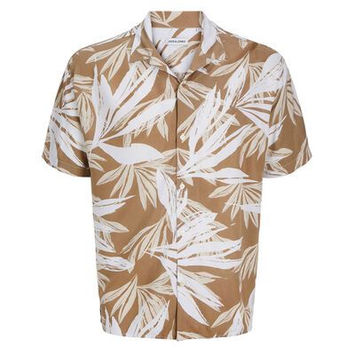 JACK & JONES TAN PALM PRINT S/S SHIRT-sale clearance-BIGGUY.COM.AU